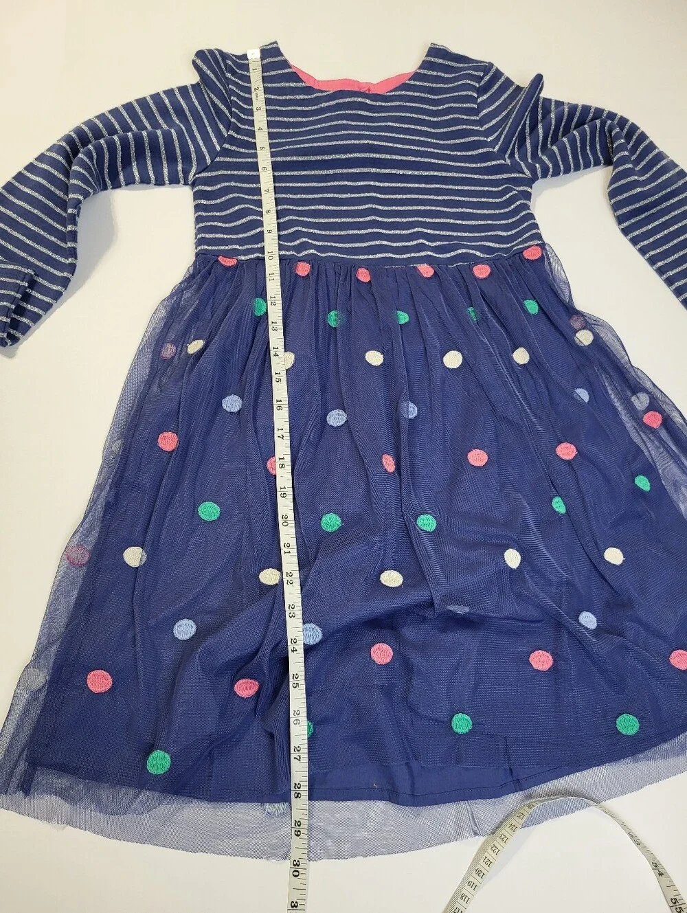 Mini Boden Jersey Tulle Long Sleeve Dress Polka Dots Navy Blue Stripes sz 9-10